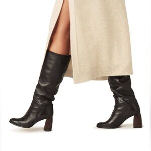 Ba&sh Colusa Leather Heeled Boots Brown - Sculptural Heel, Knee High